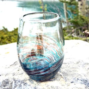 Hand Blown Stemless Wine Glasses, Tulip tumblers – Swirled Caribbean Blue Purple, Set of 2 or 4
