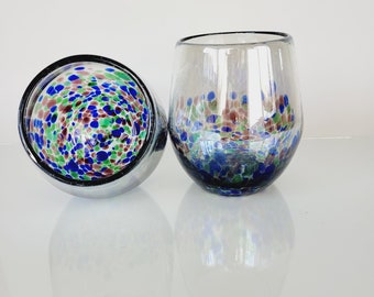 Set of  2 Blown glass stemless wine glass "Peacock wine glass" Royal blue , green forest and  purple eggplant" all translucent