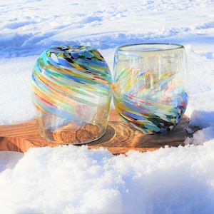 SET OF 2 Blown stemless wine glasses &quot;fiesta !!...just half way&quot;