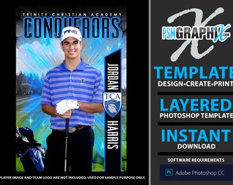 May include: A promotional graphic for Trinity Christian Academy featuring a golfer, Jordan Harris, with the text "CONQUERORS." The design includes a blue and white color scheme, a golf bag, and the text "TEMPLATE DESIGN CREATE PRINT LAYERED PHOTOSHOP TEMPLATE INSTANT DOWNLOAD."