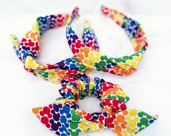 Rainbow Mouse Headband, Rainbow Knotted Headband, Rainbow Bow Scrunch