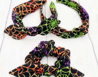 Neon Spiderweb Bow Headband, Orange Spiderweb Knotted Headband, Green Spiderweb Bow Scrunch, Purple Spiderweb Headband