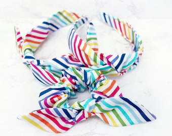 Rainbow Striped Headband, Rainbow Striped Knotted Headband, Rainbow Striped Bow Scrunch