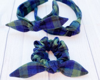 Blue & Green Plaid Flannel Headband, Bow headband, Knotted Headband, Scrunch