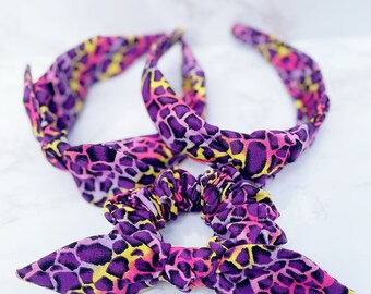 Purple/Yellow Giraffe Print Bow Headband, Knotted Headband, Rainbow Animal Print Bow Scrunch, Animal print Headband