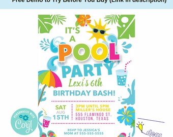 Pool Party Birthday Invitation Template, Editable (Digital)
