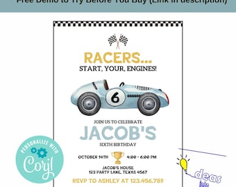 Race Car Birthday Invitation, Editable Template (Digital Download)