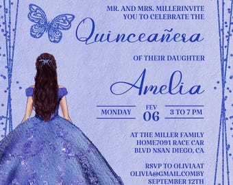Blue Quinceanera Invitation, Editable Template (Digital)