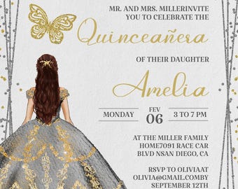 Quinceanera Invitation, Silver and Gold, Editable Template (Digital)
