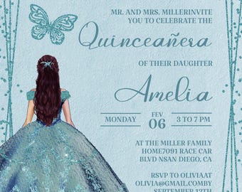Teal Quinceanera Invitation, Butterfly Crown, Editable Template (Digital Download)