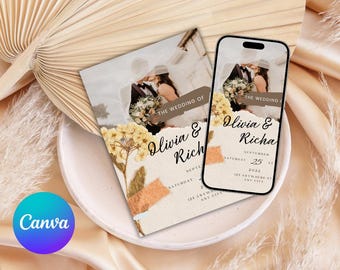 White Cream Photo Wedding Invitation Template | Minimalist Elegant Wedding Invite | Editable Wedding Invitation