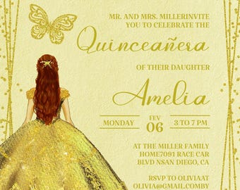 Yellow Quinceanera Invitation, Latina Birthday, Editable Template (Digital)