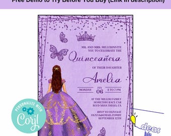 Purple Glitter Quinceanera Invitation Template (Digital Editable)