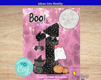 Cute Halloween Birthday, Pink Baby Girl Invite, 1st Birthday, DIY Party, Corjl Editable Birthday Invite, Editable Template, Corjl Invite