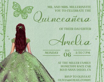 Green Quinceanera Invitation, Editable Template (Digital)