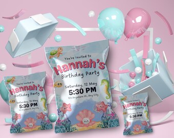 Editable Mermaid Chip Bag Template | Under the Sea Favors | Birthday Snack Bag Printable | Kids Party Favor