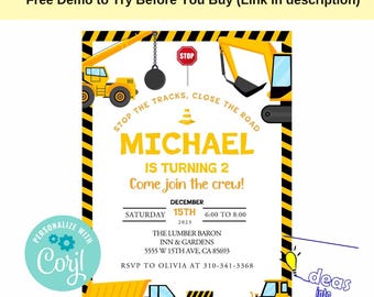 Construction Birthday Invitation Template (Digital Editable Template)