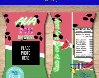 One In A Melon Birthday Invitation Template Printable, Girl Birthday Invitation, Kids Editable invitation, Editable Chip Bag, Water Bottle