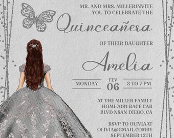Silver Quinceanera Invitation, Editable Template (Digital Download)