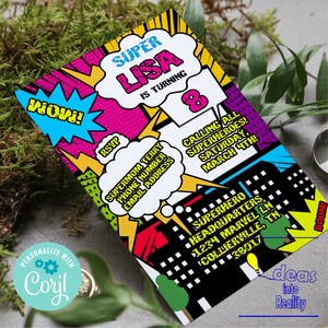 Pop Art Girl Birthday Invitation | Comic Book Art | DIY Birthday Party | Superhero | Anime | Comic Lovers | Calling All Superheroes | Strong