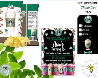 Coffee Lovers Adults Teenagers Birthday Invitation Template Printable, Girls, Kids Editable invitation, Editable Chip Bag, Editable Gift Tag