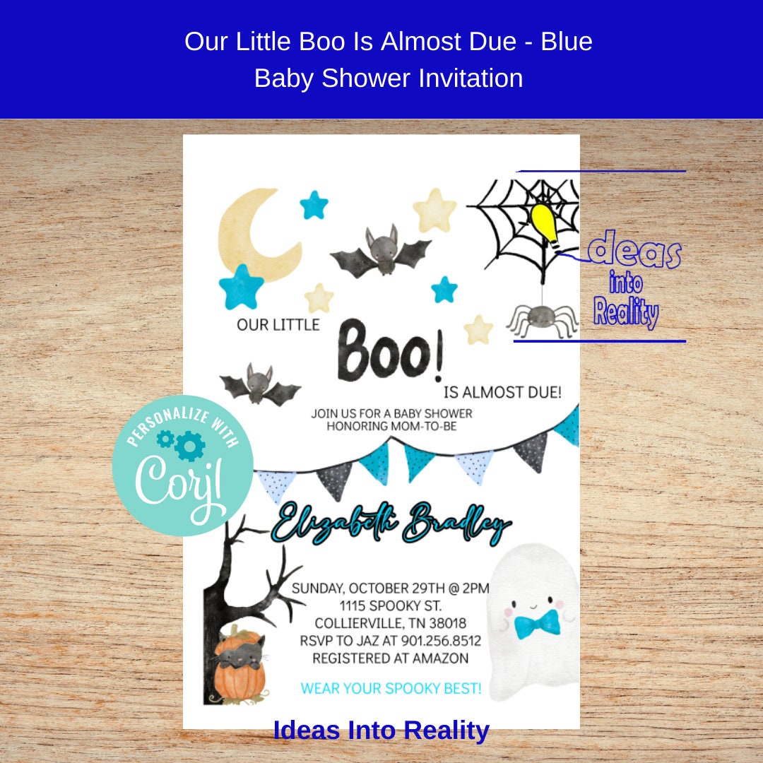 Our Little Boo Is Almost Due Blue Invitation, Baby Shower, Mom-to-Be, Halloween New Baby Boy On The Way, Baby Shower, Halloween Baby Invite