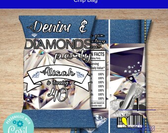 Denim & Diamonds Birthday | Grown Woman Party | Milestone Birthday | Chip Bag Template | Invitation Design | Corjl Editable Design Template