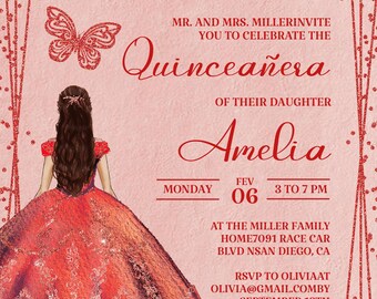 Red Quinceanera Invitation, Latina Sweet 15, Editable Template (Digital Download)