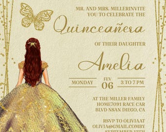 Gold Quinceanera Invitation, Editable Template (Digital)