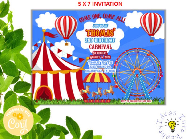 Circus Big Top Kids Birthday Invitation Template Printable, Carnival