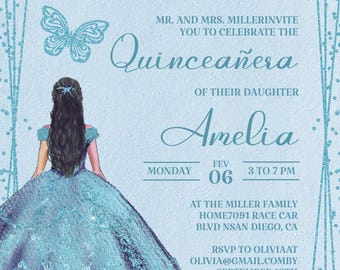 Baby Blue Quinceanera Invitation, Editable Template (Digital)