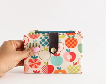 Zipper pouch wallet with Scandinavian Appel design, Apple wallet with 8 credit card slots, teacher gift wallet with waxed canvas snap