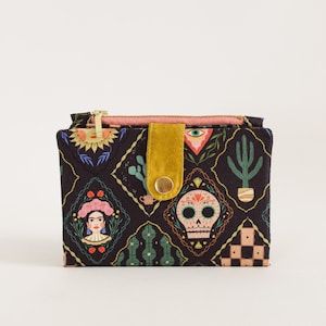 Mexican wallet for women, Frida wallet handmade, Dia de muertos wallet small, skull wallet, death day wallet zipper, bohemian wallet