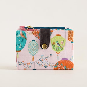 Cartera de lámpara de papel japonesa con cremallera de metal, monedero de tela con toque dorado, billetera oriental romántica de colores suaves con detalles de brillo