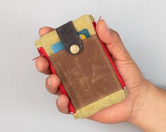 Compact waxed canvas wallet for men: water resistant zipper pouch wallet tactical
