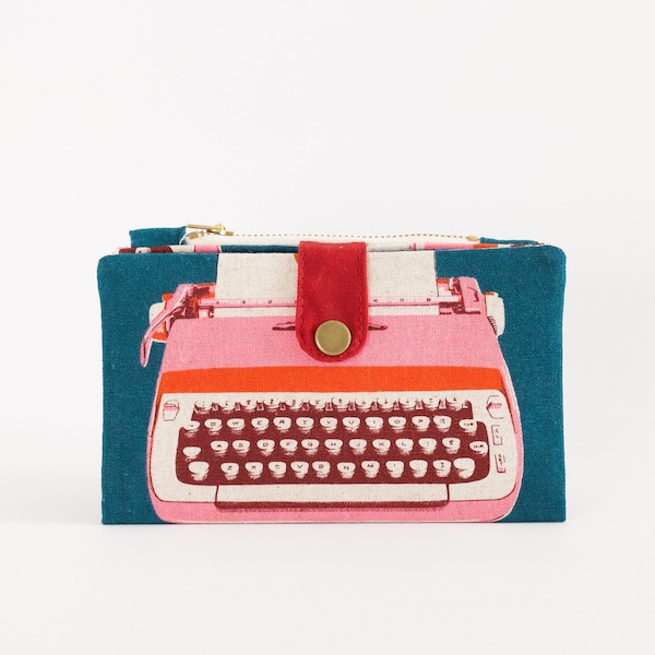 Teal Typewriter wallet for women, long wallet retro, travel wallet bifold, mod wallet zipper, 70s wallet, cute wallet large