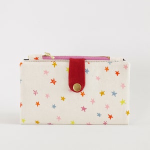 Cartera larga estrella multicolor con cremallera, linda cartera larga hecha a mano, tarjetero, cartera de viaje única