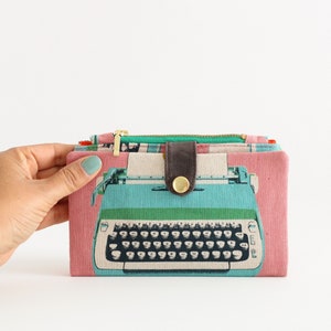 Typewriter wallet for women, long wallet retro, travel wallet bifold, mod wallet zipper, 70s wallet, cute wallet large