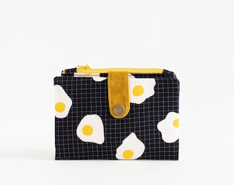 Cartera con forma de huevo negra y amarilla, cartera kawaii para mujer, linda cartera de tela para mujer, cartera con bolsillo con cremallera, organizador de tarjetas plegable, cartera