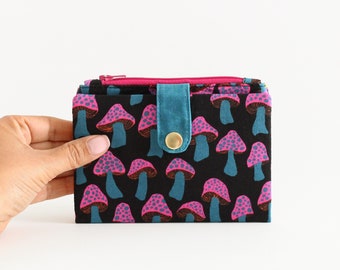 Mushroom wallet women, small wallet for woman, fabric wallet bifold, funky wallet, fungi wallet credit card, teenage girl gifts
