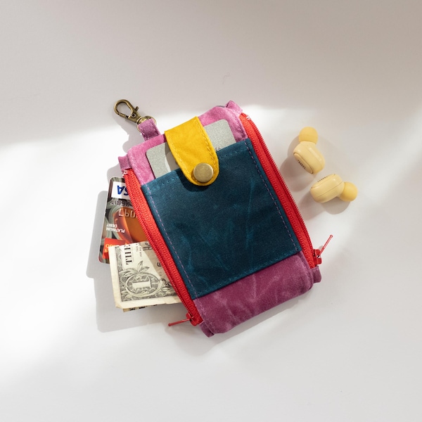 water resistant ID wallet for woman: waxed canvas keychain wallet women, Bold Pocket double zipper pouch.