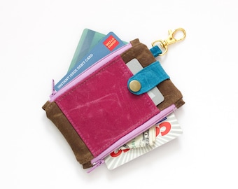 Waxed canvas wallet women, keychain wallet pocket, mini wallet for women, waxed canvas pouch wallet, double zipper wallet women