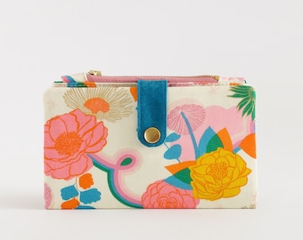 flores de primavera en cartera larga dorada para mujer, cartera camelia mujer, cartera hecha a mano con 10 tarjetas de crédito, cartera vegana de tela de algodón