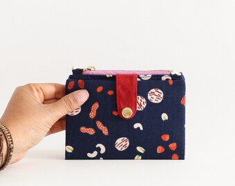 Cartera pequeña para mujer, cartera vegana de algodón, cartera minimalista a presión, cartera de tela, organizador de tarjetas de crédito, monedero con cremallera.