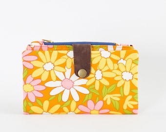 Daisy wallet retro, vegan wallet travel, bifold wallet long, handmade wallet 70s, hippie wallet flower, groovy wallet credit card hold