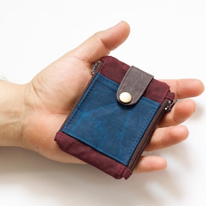 Carteira tática fina com zíper duplo, bolsa carteira de lona encerada, carteira pequena fina, carteira de identidade EDC, carteira bordô e azul para homens imagem 1