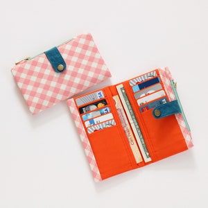 Cartera rosa para mujer, cartera larga a cuadros, cartera retro de viaje, cartera larga para mujer, cartera grande plegable, organizador de tarjetas de crédito imagen 2