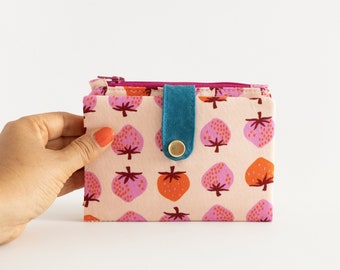 Cartera fresa mujer, cartera niña linda, tejido cartera vegana, cartera bifold para mujer, pale pink wallet with waxed canvas strap