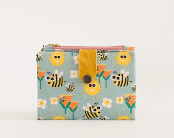 Happy bee wallet small, save the bees, bifold wallet zipper for women, cute travel wallet, cute wallet front wallet