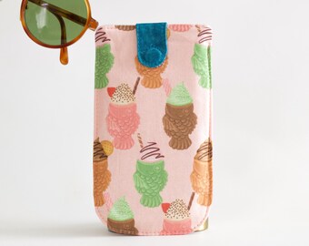 Sorbet Pink Sunglasses Pouch: Cotton Fabric Case with Waxed Canvas Strap